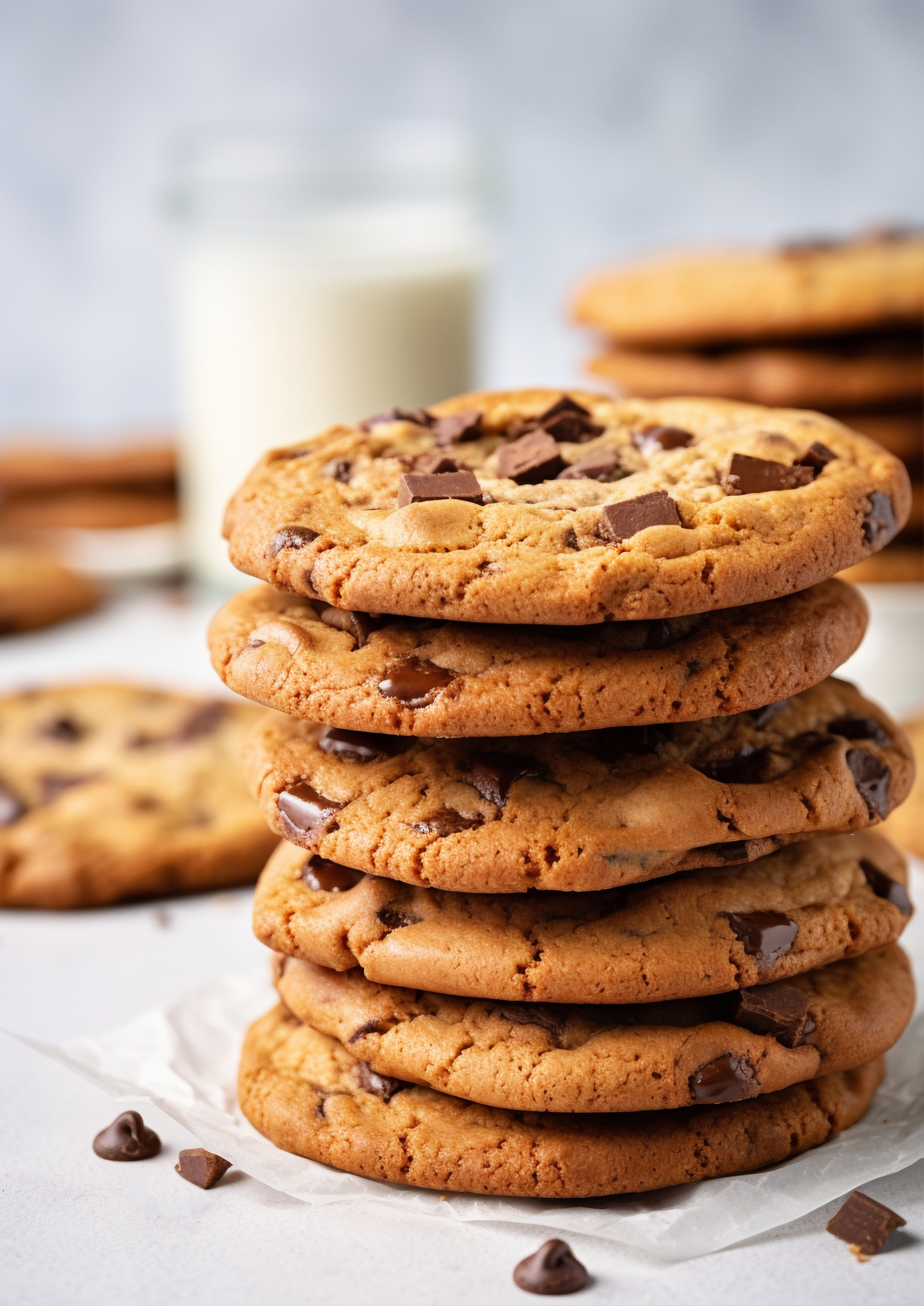 A stack of freshly baked Toll House cookies with chunks of chocolate nestled in a golden-brown dough, accompanied by a glass of milk in the background, evoking a warm, homemade treat.