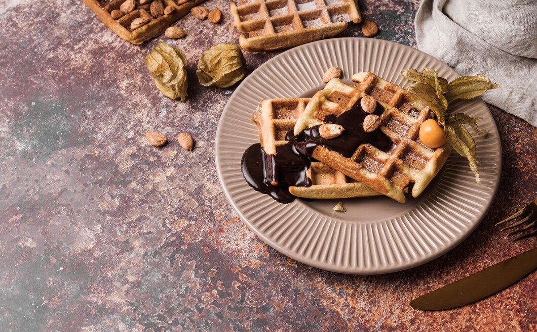Gluten-free Kodiak waffles topped with almonds, chocolate sauce, and a physalis garnish on a ceramic plate with a rustic background.