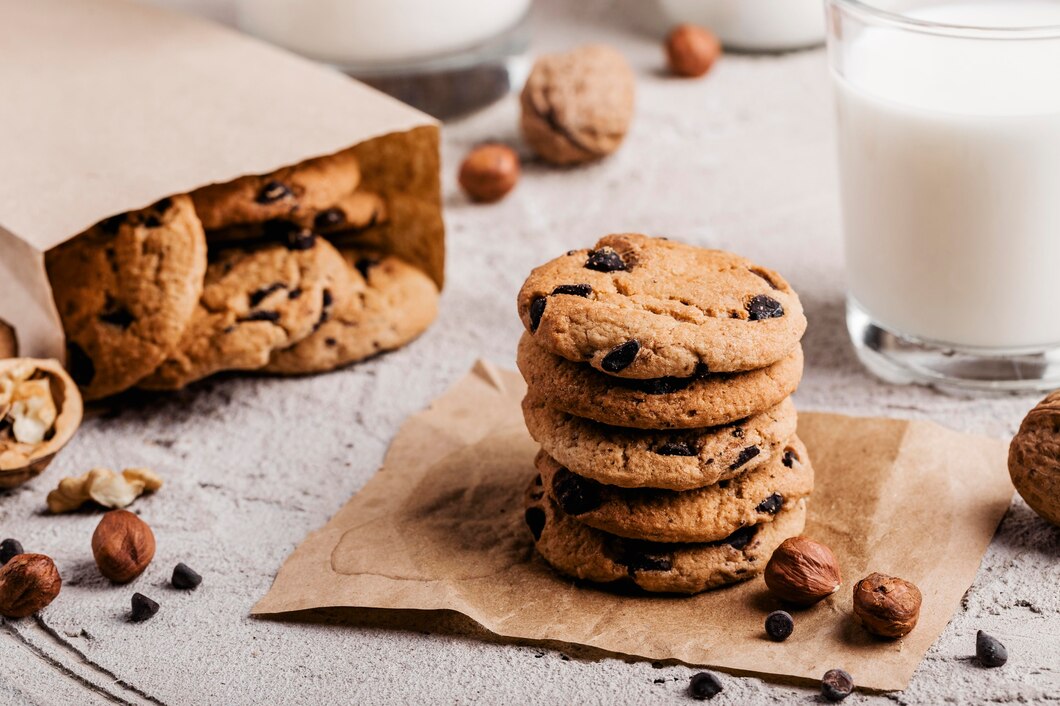 Stack of freshly baked Toll House chocolate chip cookies with visible chunks of chocolate, arranged on parchment paper beside a glass of milk and scattered nuts, demonstrating the use of Toll House cookie dough for homemade treats.