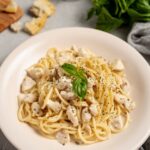 Delicious Crockpot Chicken Tetrazzini served on a ceramic plate, garnished with fresh parsley, showcasing the creamy pasta and tender chicken pieces – perfect for a comforting homemade meal
