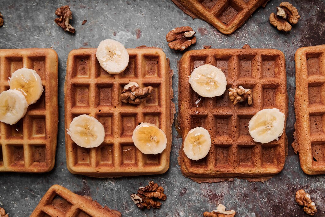 Top-down view of freshly baked gluten-free waffle recipe topped with banana slices and walnuts on a textured surface