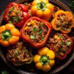 A top-down view of a plate full of colorful stuffed peppers, garnished with fresh parsley on a dark wooden table.